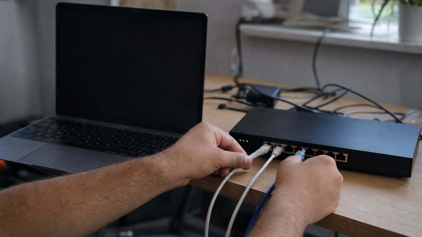 A small workspace with a laptop and network gear on the bench, being set up by hand.