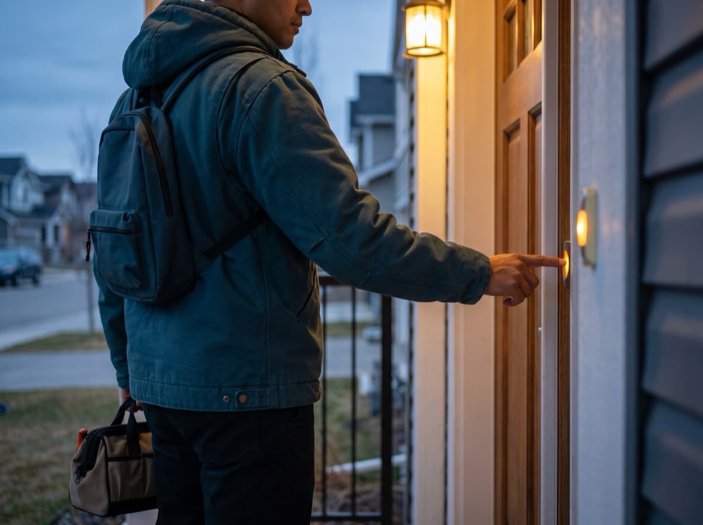 Technician ringing the doorbell for a home visit at dusk