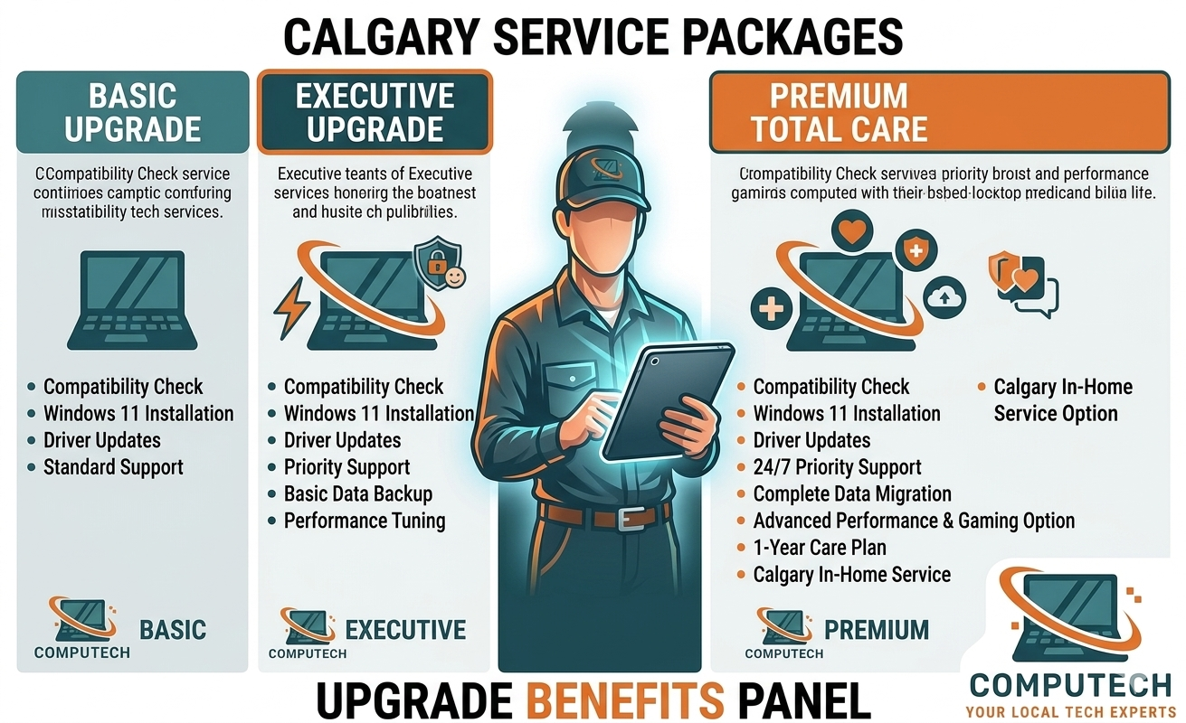 Technician upgrading Windows 10 to Windows 11 on desktop PC in Calgary