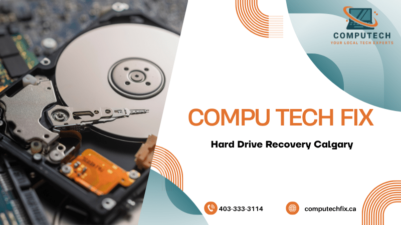 Professional hard drive recovery service illustration in Calgary featuring damaged storage devices, data recovery concepts, and computer repair support 