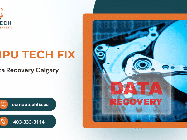 Professional data recovery service illustration in Calgary featuring damaged storage devices, lost file recovery concepts, and computer repair support 