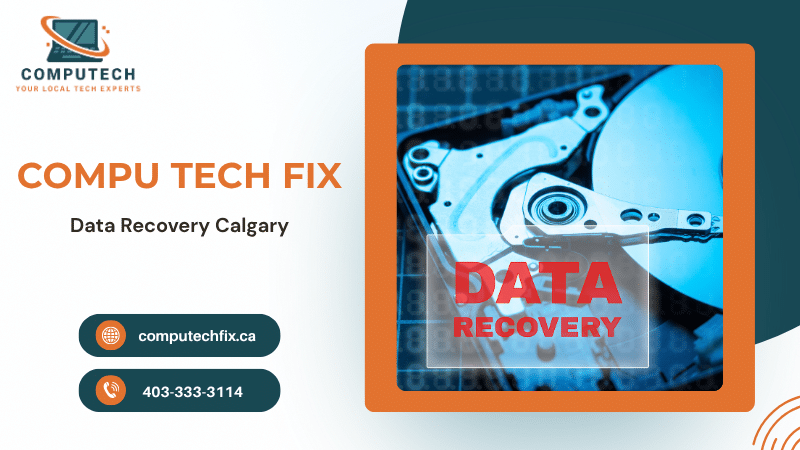 Professional data recovery service illustration in Calgary featuring damaged storage devices, lost file recovery concepts, and computer repair support 