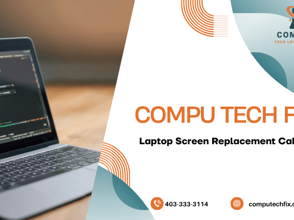 Professional laptop screen replacement service illustration in Calgary featuring cracked laptop displays, repair tools, and computer repair support concepts