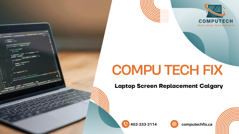 Professional laptop screen replacement service illustration in Calgary featuring cracked laptop displays, repair tools, and computer repair support concepts 