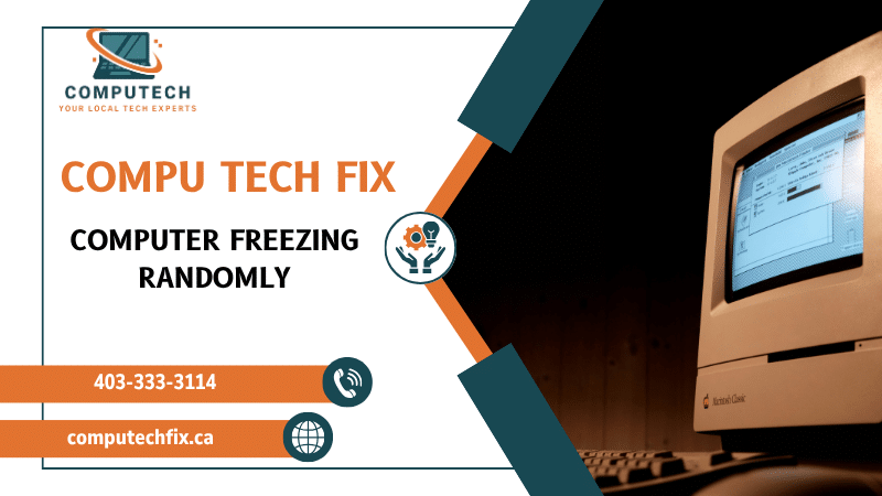 Modern computer repair illustration featuring a desktop PC experiencing freezing and performance issues with technology support branding elements.