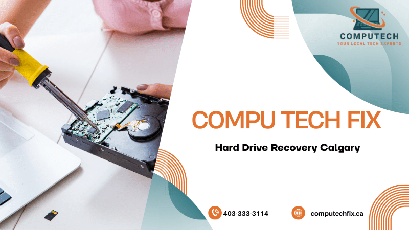Modern data recovery and computer repair graphic showing hard drive recovery services for corrupted or failed storage devices in Calgary.