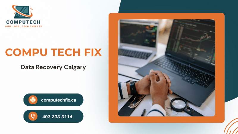Modern computer data recovery graphic showing file restoration services, digital storage repair, and data protection concepts in Calgary.