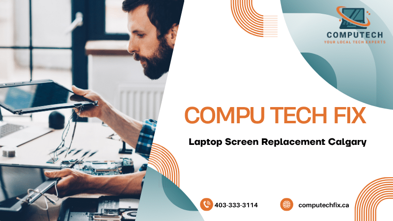 Modern laptop repair graphic showing damaged laptop screens, display replacement services, and technical support solutions in Calgary.