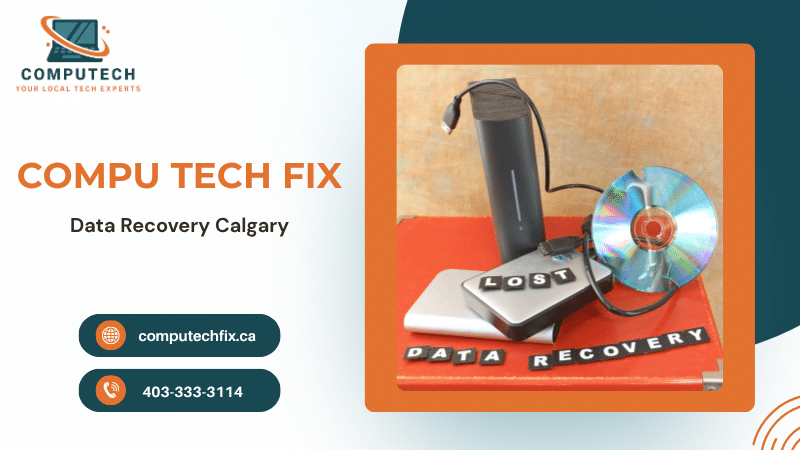 Digital storage and file recovery illustration featuring computer repair and data restoration support for Calgary businesses and home users.
