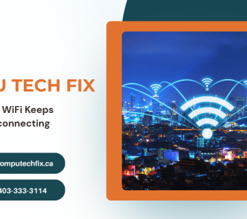 Illustration of a laptop with WiFi signal issues and internet connectivity graphics beside the text “Why Your WiFi Keeps Disconnecting” for Computech Fix tech support branding 