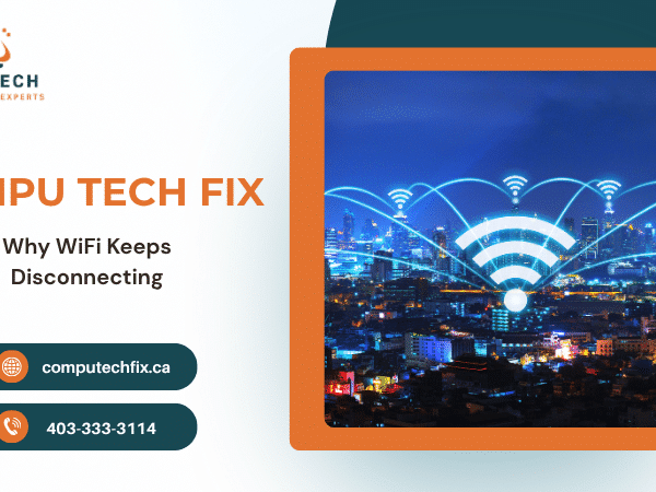 Illustration of a laptop with WiFi signal issues and internet connectivity graphics beside the text “Why Your WiFi Keeps Disconnecting” for Computech Fix tech support branding 