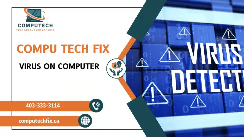 Technician removing virus from infected computer with malware warning on screen