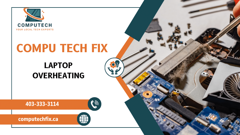 Overheating laptop with cooling and temperature warning signs