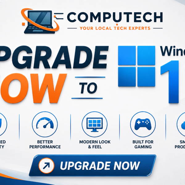 Modern computer displaying Windows 11 upgrade screen with upgrade now message