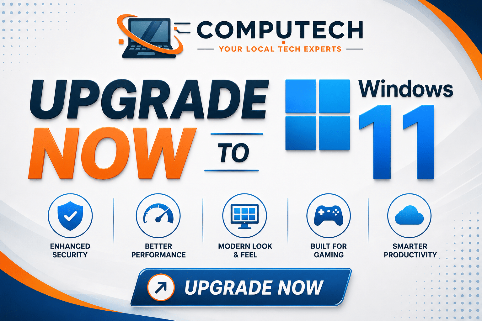 Modern computer displaying Windows 11 upgrade screen with upgrade now message
