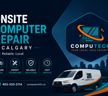 On site computer repair technician fixing desktop computer in Calgary