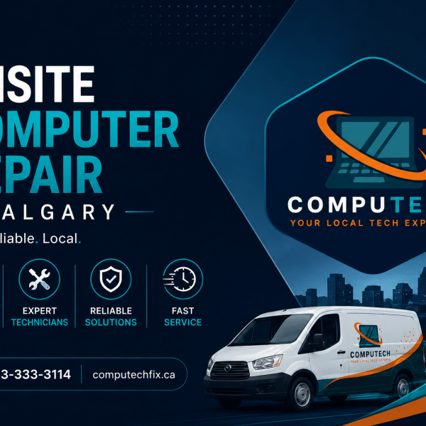 On site computer repair technician fixing desktop computer in Calgary